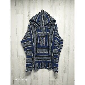 Artesania Women's Large Blue Striped Mexican Hooded Long Sleeve Sweater